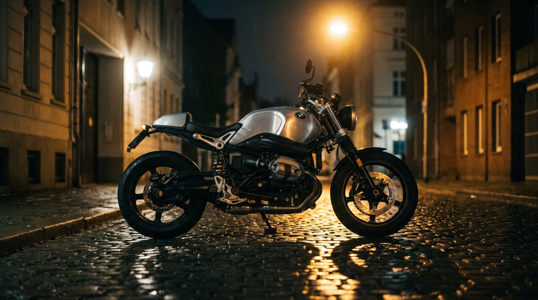 Moto garée de nuit sous un réverbère dans une rue calme