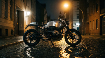 Moto garée de nuit sous un réverbère dans une rue calme