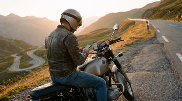 Un motard consulte son itinéraire sur smartphone au bord d'une route de montagne
