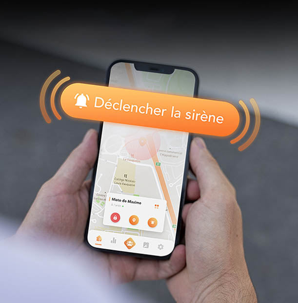 écran de l'application georide avec un bouton pour déclencher la sirène antivol