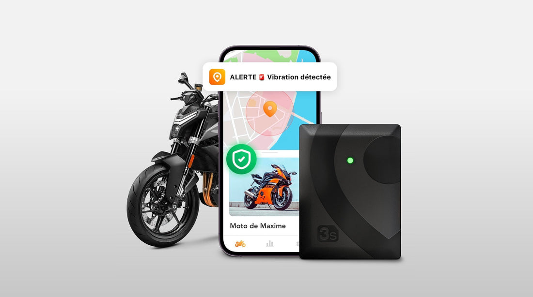 The GeoRide 3s device, a phone showing a Vibration alert and a motorcycle
